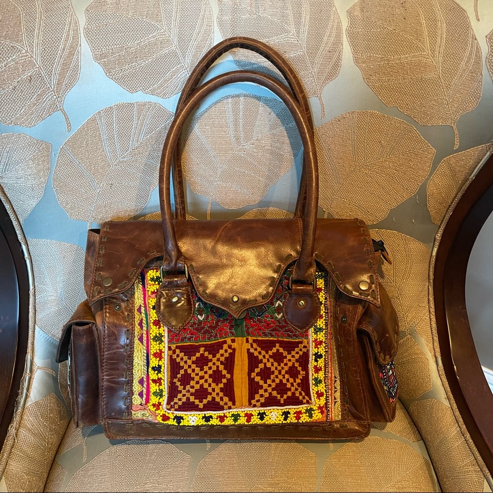 Vintage Addiction Brown Leather artisan Fabric Purse